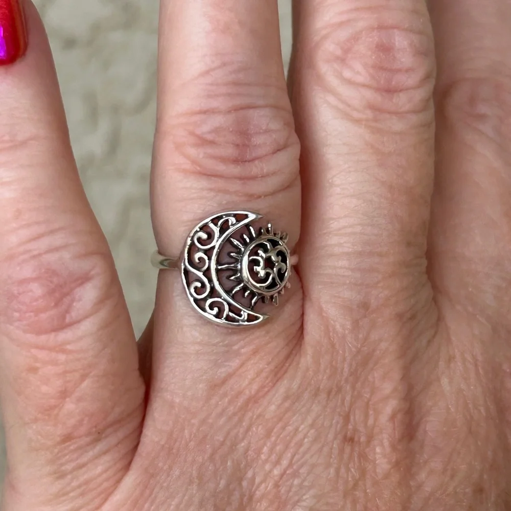 925 Sterling Silver Hand-Crafted Sun and Moon Ring